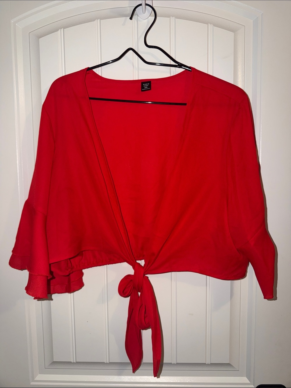 SHEIN Red Tie-Front Crop Blouse with Ruffle Sleeves